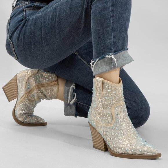 No Brand Shoes - ✨Sparkle Champagne Ankle Boots🍾💎 Rhinestone Pointed Bling✨👢Western Heel Boots👢🌟